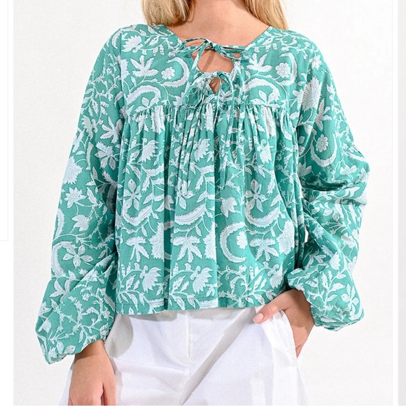 🌻 Molly Bracken Turquoise Balloon Sleeved Babydoll Blouse size XS - Picture 3 of 11